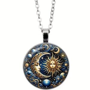 Celestial Sun and Moon Pendant & Chain Necklace Festival Spiritual Cosmic Boho